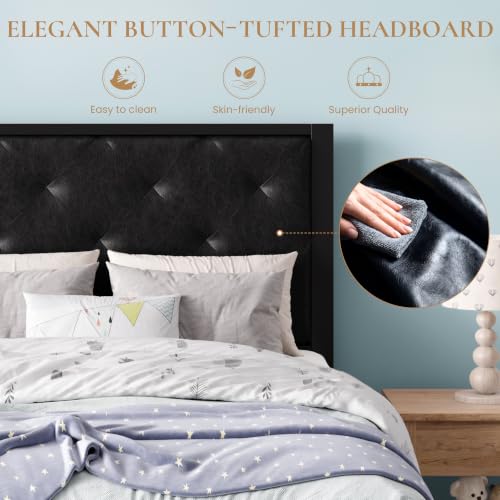 SHA CERLIN Twin Size Metal Bed Frame with PU Tufted Headboard, Black | Modern Design Heavy-Duty Platform Bed, No Box Spring Need, PU Leather Upholstery, Noise Free, Easy Assembly - color: Black, size: Twin