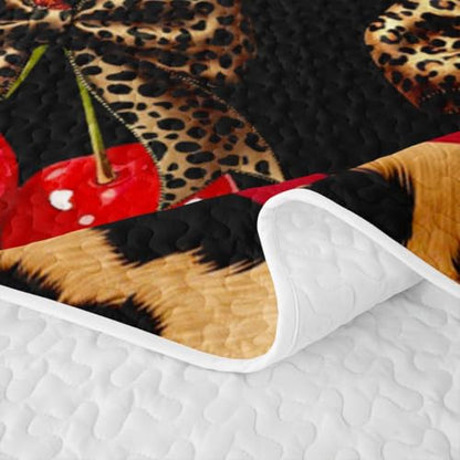 Chic Leopard Bowknot Kids Quilt Set Full Size,Cute Cherry Fruits Quilted Bedspread,Leopard Print Quilted Coverlet with 2 Pillow Sham,Black Red Bed Covers for All Season - color: Black Red, size: Full
