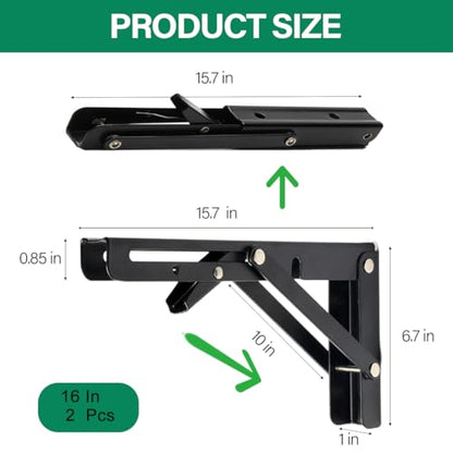 2 Pcs 16'' 304 Stainless Steel Collapsible Triangle Shelf Bracket | Heavy Duty, Folding Shelf Brackets, DIY Wall Mounted Folding Table Hinge, Space Saving for Bench Table, With Screws, Silver - size: 16 in (2Pcs)