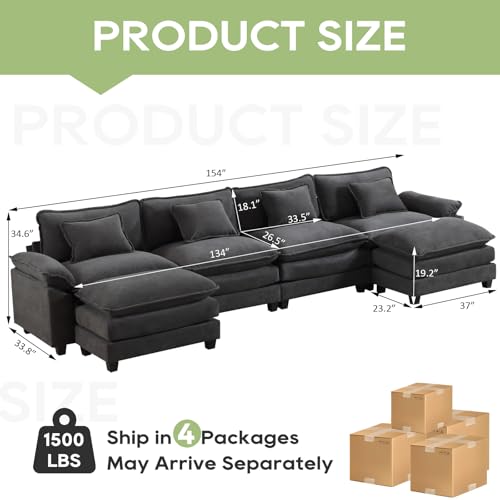 154" Modular Sectional Sofa, Comfy Deep Cloud Couch with Ottoman | U-Shaped Couches for Living Room, Modular Couch, Deep and Wide Seat, Velvet Sofa Sleeper with Throw Pillows, Blue Grey - color: Blue Gray, size: 154 Inch U
