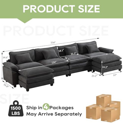 154" Modular Sectional Sofa, Comfy Deep Cloud Couch with Ottoman | U-Shaped Couches for Living Room, Modular Couch, Deep and Wide Seat, Velvet Sofa Sleeper with Throw Pillows, Blue Grey - color: Blue Gray, size: 154 Inch U