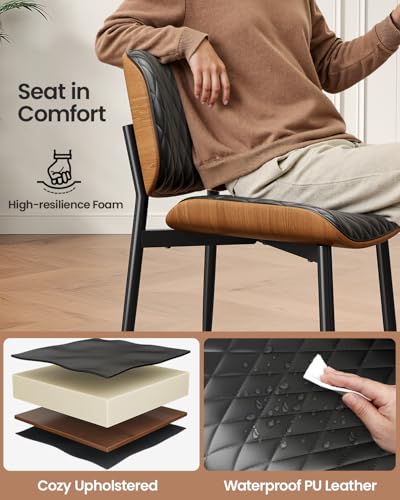 Dining Chairs Set of 2, Mid-Century Modern Upholstered PU Leather Chairs | with Walnut Back and Metal Legs Adjustable Feet for Kitchen Dining Room, Black Diamond Plaid - color: Black Diamond Plaid