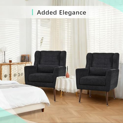 Accent Chair, Living Room Chairs with Solid Wood Legs & Pillow | Chairs Living Room with High Tufted Backrest, Reading Chair for Bedroom/Office, Chenille Fabric - color: Black