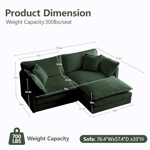 76.7 Inch 2-Seat Modular Sectional Cloud Sofa, L-Shaped, Green | Chenille Deep Seat Sofa with Pillow for Living Room, Bedroom and Apartment - color: Green, size: 76.7 inch-L
