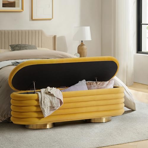 HULALA HOME Velvet Storage Bench, Large Upholstered Ottoman Bench with Button Tufted Design for Living Room, Bedroom, Entryway, Mustard - color: Mustard