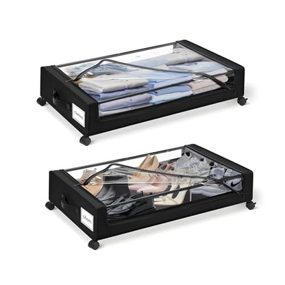Under Bed Storage with Wheels, Black, 35L Large Capacity | Clear Lid & Label, Rolling Metal Drawer, For Clothes, Shoes, Toys, Books, Blankets