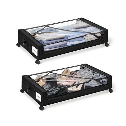 Under Bed Storage with Wheels, Black, 35L Large Capacity | Clear Lid & Label, Rolling Metal Drawer, For Clothes, Shoes, Toys, Books, Blankets