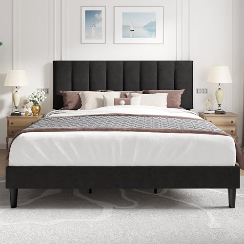 VECELO King Size Bed Frame with Upholstered Headboard, Heavy-Duty Bedframe with Strong Wooden Slats Support, No Boxing Spring Needed, Black - color: Black, size: King, style: Platform