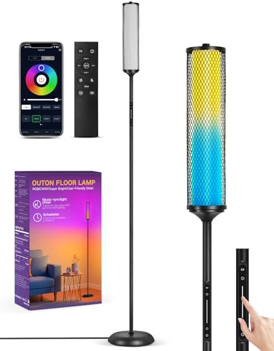 OUTON LED Floor Lamp with Remote & APP Control, Tall Standing Lamp, 16 Million Colors, 32 Scene Modes & Music Sync, Modern Corner Lamps for Living Room, Bedroom, Gaming, Black & Metal Lampshade - color: Black & Metal Shade