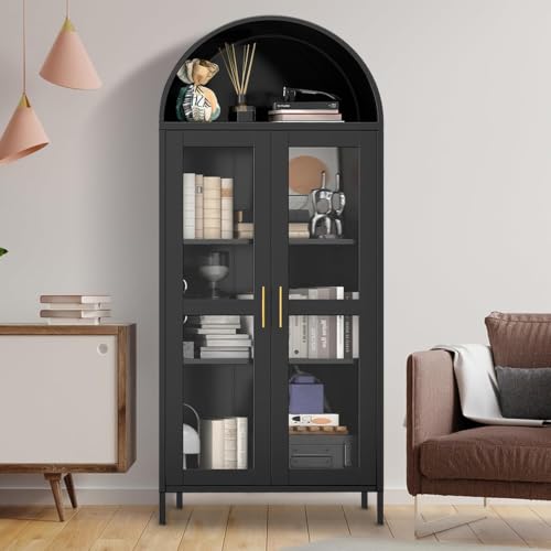 Garvee 73" Tall Arched Cabinet with Glass Doors and Adjustable Shelves | Black Arched Bookcase & Bookshelf, Freestanding Display Cabinet for Dining, Kitchen, Living Room, Powder-Coated Finish