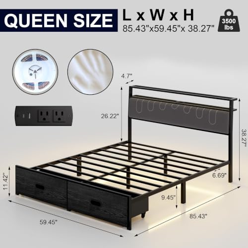 Queen Bed Frame with 2 Drawers, Platform Bed Frame with LED Lights and Charging Station, Upholstered Headboard, Heavy Duty Metal Slats, No Box Spring Needed, Noise Free, Easy Assembly - size: Queen, style: Fashion