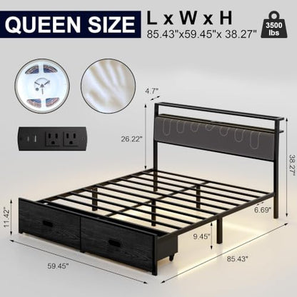 Queen Bed Frame with 2 Drawers, Platform Bed Frame with LED Lights and Charging Station, Upholstered Headboard, Heavy Duty Metal Slats, No Box Spring Needed, Noise Free, Easy Assembly - size: Queen, style: Fashion
