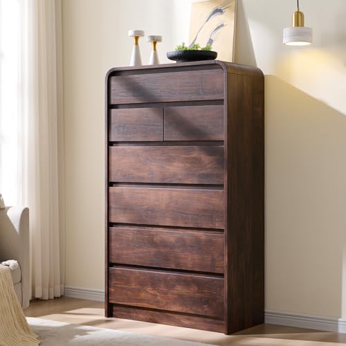 Aitjunz Modern 7 Drawers Dresser for Bedroom, 55" Tall Dressers & Chest of Drawers w/Curved Profile Design, Wood Mid Century Vertical Storage Dressers Organizer for Bedroom, Living Room, Brown - color: Brown, size: 15.5"D x 31.5"W x 55.5"H (7 Drawers)