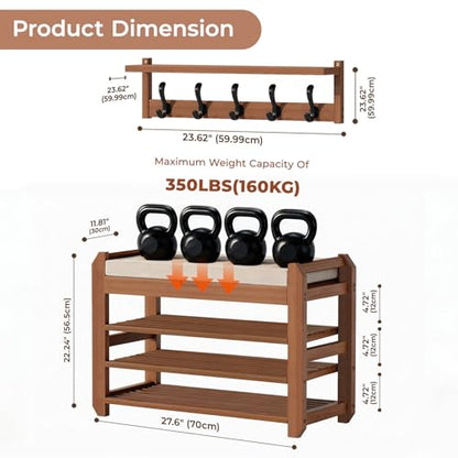 27.6" Bamboo Shoe Bench with Cushion, 5 Hooks Coat Rack, 3-Tier Adjustable Storage Bench for Entryway, Heavy Duty Shoe Rack Organizer with Removable Soft Cushion for Living Room Bedroom Hallway - size: 27.6" 3-Tier