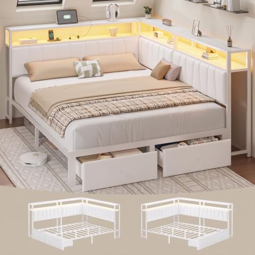 Full Corner Bed Frame with Storage Drawers, Modern Daybed with LED Lights and Charging Station, Metal Platform Bed Frame Full Size with Velvet Upholstered Guardrail for Dorm Bedroom, White - color: White, size: Full