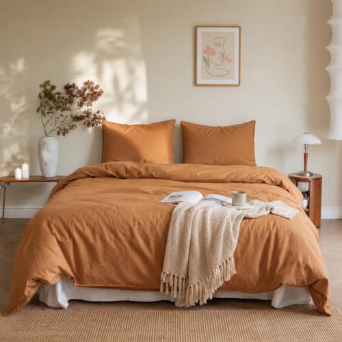 BISELINA French Linen Duvet Cover Set 2pcs with Hidden Zipper Closure Natural Flax Cotton Blend Solid Color Soft Breathable Luxury Farmhouse Bedding - Twin Size, Rust - color: Rust, size: Twin