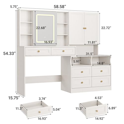 Vabches 58.6" Large Vanity Desk with Sliding Mirror & Lights, White | Makeup Vanity Table & Nightstand Combo with Power Outlet and 6 Drawers 15 Shelves with Light Strips for Bedroom