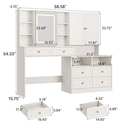 Vabches 58.6" Large Vanity Desk with Sliding Mirror & Lights, White | Makeup Vanity Table & Nightstand Combo with Power Outlet and 6 Drawers 15 Shelves with Light Strips for Bedroom