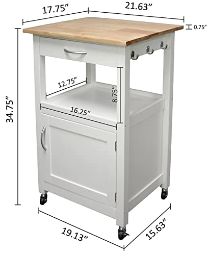 Kitchen Island Cart on Wheels, White Base | Drawer, Storage Cabinet, Shelf, Natural Solid Hardwood Top - color: White