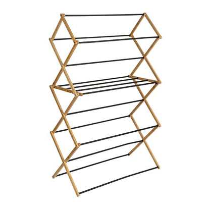 Household Essentials Bamboo Folding Clothes Drying Rack | Large Capacity, 14 Coated Metal Dowels, 28 Feet of Drying Space | Eco-Friendly, Collapsible Indoor Rack for Apartments, Homes & Dorms - color: Natural/Black
