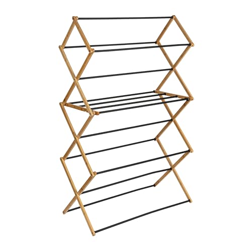 Household Essentials Bamboo Folding Clothes Drying Rack | Large Capacity, 14 Coated Metal Dowels, 28 Feet of Drying Space | Eco-Friendly, Collapsible Indoor Rack for Apartments, Homes & Dorms - color: Natural/Black
