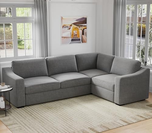 Convertible Sectional Sofa, L Shaped Couch, Natural Linen Fabric Couches with Extra Deep Seats, Big Comfy Couch Upholstered Modern Corner Sofa for Living Room, Office, Grey - color: Grey, size: 112 Inch - V Shaped(4 Seat)