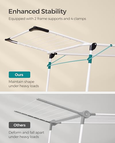 SONGMICS Clothes Drying Rack Foldable, Gullwing Laundry Drying Rack, Space-Saving, 22.2 x 68.1 x 38 Inches, Sock Clips, Metal Structure, for Clothes, Towels, Linens, Indoor, Outdoor White ULLR518W01 - color: White, style: 2 Gullwings（22.2"D)