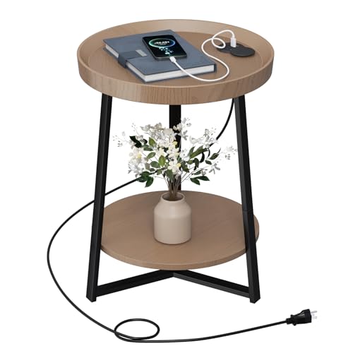 Round End Table with Charging Station, USB Ports, Wood Tabletop & Black Metal Frame, 2-Tier Side Table for Living Room, Bedroom, Walnut Color 15.7 * 15.7 * 23.0inches - color: Walnut, size: 15.75"D x 15.75"W x 23"H (with Charging Station)