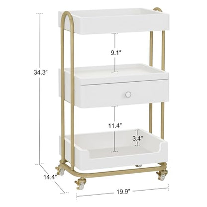 BarberPub Salon Trolley Cart, Gold Accents 3-Tier White&Gold 2086 - color: White&gold