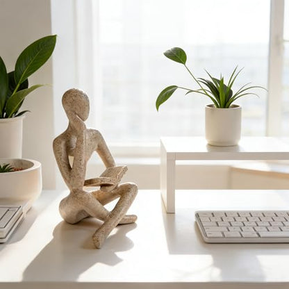 1PC Abstract Reading Thinker Statue, Resin Modern Art Sculpture for Bookshelf Coffee Table Home Office Decor (Beige)