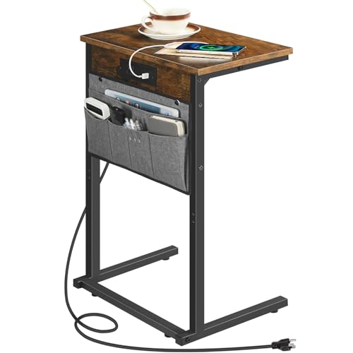 HOOBRO C Shaped End Table with Charging Station, Slide Under Couch Table, 28"H Sofa Side Table with Storage Bags, TV Tray Table for Sofa Arm, Couch, Recliner, Living Room, Bedroom, Rustic Brown - color: Rustic Brown