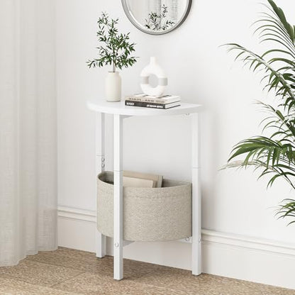 Side Table, Small Round End Table, Tall Accent Table with Storage Basket, Set of 2 Half Round Coffee Tables Half Moon Tables, Bedside Table, Modern Nightstand for Living Room Bedroom, White - color: White
