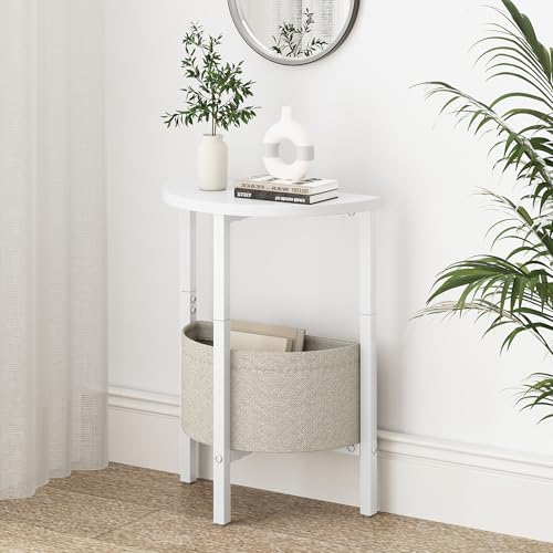 Side Table, Small Round End Table, Tall Accent Table with Storage Basket, Set of 2 Half Round Coffee Tables Half Moon Tables, Bedside Table, Modern Nightstand for Living Room Bedroom, White - color: White