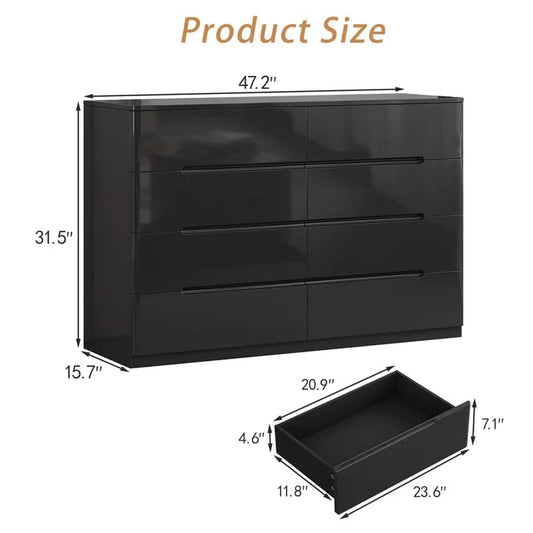 High Gloss Dresser for Bedroom, 47.2" Wide 8 Drawer Dresser, Black | Modern Dresser Chest of Drawers, Handle-less Design, High Gloss Panel, Dresser TV Stand, Wooden Dressers for Bedroom, Closet - color: Black, size: 15.7"D x 47.2"W x 31.5"H (8 Drawers)