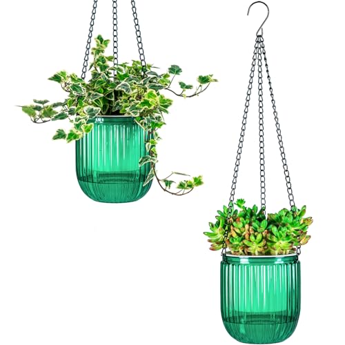 Josteve 4.5 Inch 2 Pcs Self Watering Hanging Planter Indoor Plant Pots Drainage Holes, Outdoor Small Hanging Planters Flower Pot Basket, Visible Water Level, Plant Hanger Home Decor, Gardening - color: Emerald, size: 2*4.5 inch