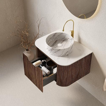24” Floating Bathroom Vanity with Sink, Fluted Wall-Mounted Solid Wood Cabinet, White Marble-Pattern Ceramic Basin, Faux Marble Top, Soft-Close Drawer, Pre-Assembled, Walnut Woodgrain - color: 03 - Walnut Woodgrain, size: 24"