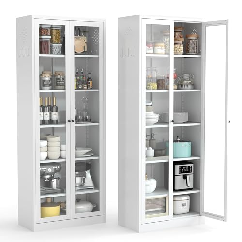 AQY Kitchen Pantry Cabinet,73" Tall Pantry Storage Cabinet with Doors and Adjustable Shelves, Metal Food Pantry Cabinets with Handle, Freestanding Cupboard for Living Room-Assemble Required - color: White, style: H72" - 2 Glass Doors Hooks & Vents