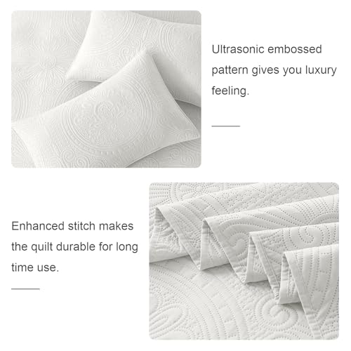 WURUIBO Full/Queen Quilt Set White,Ultrasonic Embossed Bedspread, Lightweight Microfiber Coverlet, Modern Thin Bedding Set for All Season, 3 Piece(1 Quilt,2 Pillow Shams) - color: White, size: Full/Queen(90"x96")