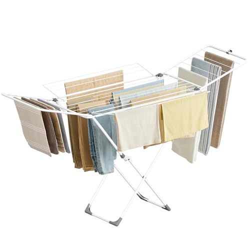 SONGMICS Clothes Drying Rack, Metal Laundry Drying Rack, Foldable, Space-Saving, Free-Standing Airer, with 4 Gullwings, Indoor Outdoor Use, Bed Linen Clothing, White ULLR541W01 - color: White, style: 4 Gullwings（31.7"D)
