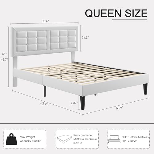 VECELO Queen Size Bed Frame, Adjustable Upholstered Button Tufted Headboard, Heavy-Duty Bedframe with Wood Slats Support, No Box Spring Needed, Linen & White - color: Linen & White, size: Queen, style: Bed Frame