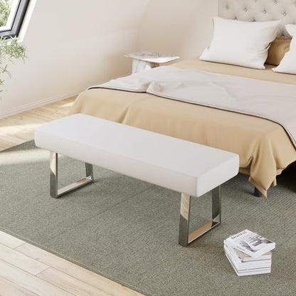 JIEXI 55" Rectangle Upholstered Entryway Bed End Bench with Chrome Legs | PU Leather Seat Footstool, Sturdy Silver Metal Base, Versatile for Bed End, Plant Stand, Foyer - color: White, size: 55 IN