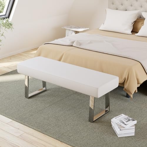 JIEXI 45.3" Upholstered PU Leather Bedroom Bench Footstool with Metal Legs | Sturdy Silver Plated Chrome Legs, Padded Seat, Space Saver, for Bedroom Entryway Living Room Window - color: White, size: 45 IN