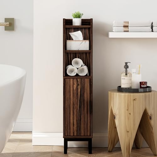 FerniTry Small Bathroom Storage Cabinet, Corner Floor Cabinet with Door and Shelves, Narrow Toilet Paper Cabinet, Bathroom Organizer with Adjustable Shelf, for Small Spaces (Walnut) - color: Walnut, size: 4-Tier