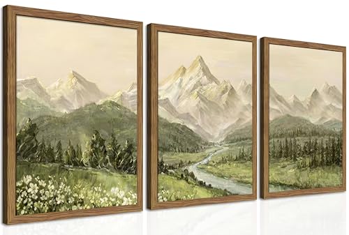Framed Mountain Wall Art for Living Room, Green Nature Landscape Canvas Wall Decor Set of 3, Vintage Forest Rustic Farmhouse Prints Pictures Paintings for Office Bedroom 12x16 Inch - color: Green Mountains, size: 16L" x 12W"