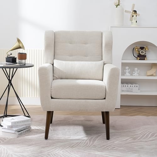 Accent Chair, Living Room Chairs with Solid Wood Legs & Pillow | Chairs Living Room with High Tufted Backrest, Reading Chair for Bedroom/Office, Chenille Fabric - color: Beige(a)