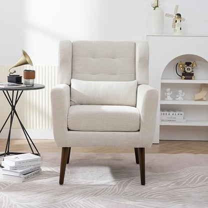Accent Chair, Living Room Chairs with Solid Wood Legs & Pillow | Chairs Living Room with High Tufted Backrest, Reading Chair for Bedroom/Office, Chenille Fabric - color: Beige(a)