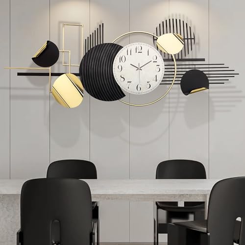 ERMOFAV Metal Wall Art, Black and White Decor for Living Room, Abstract Modern Creative Geometric Round Art Decor 57" × 23" Large 3D Wall Clock for Bedroom, Dining Room, Home Hanging Wall Sculpture