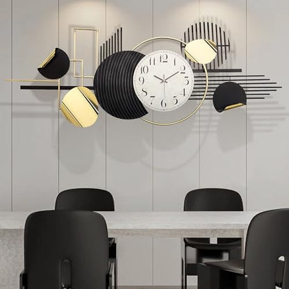 ERMOFAV Metal Wall Art, Black and White Decor for Living Room, Abstract Modern Creative Geometric Round Art Decor 57" × 23" Large 3D Wall Clock for Bedroom, Dining Room, Home Hanging Wall Sculpture