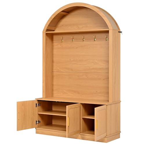 Farmhouse Fabric Arched Top Hall Tree with Wood Grain Finish, All-in-One Mudroom Furniture with Adjustable Shelves, Open Shelf, 5 Metal Hooks, Fluted Door Entryway Bench for Hallway (Natural-42) - color: Natural-42