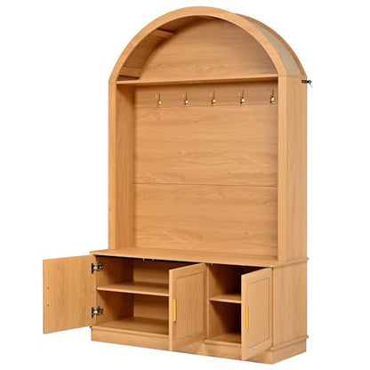 Farmhouse Fabric Arched Top Hall Tree with Wood Grain Finish, All-in-One Mudroom Furniture with Adjustable Shelves, Open Shelf, 5 Metal Hooks, Fluted Door Entryway Bench for Hallway (Natural-42) - color: Natural-42
